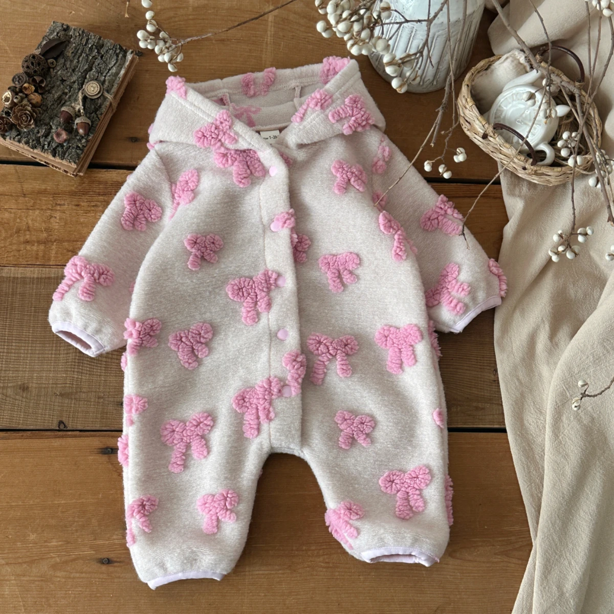 Newborn Baby Girl Romper Floral - 아기 소녀용 후드 점프수트, 3D 리본